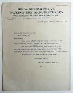Carta intestata Geo W Kugler And Sons scatola da imballaggio produttori Phila PA 1911 - Foto 1 di 4