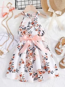 Little Girl Cute Printed Halter A-Line Dress, With Belt. - Picture 1 of 13