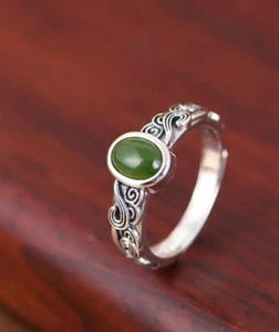 I05 Ring Wawes And Oval Green Jasper Sterling Silver 925 - Imagen 1 de 7