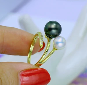 Excellent 10mm 7.5mm Natural South Sea Genuine Black White Round Pearl Ring AAA - Picture 1 of 5