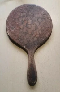 Antique Handheld Wood Mirror W/ Handmade Carved Grapevine Design & Beveled Glass - Picture 1 of 12