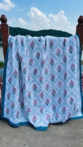 Indian Handmade Cotton Bedspread Block Print Quilt Bedding Jaipuri Razai Quilted - Picture 1 of 9