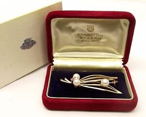 Vtg Mikimoto 14K Gold Cultured Pearl Ruby Brooch Pin Large Leaf Signed + Box 