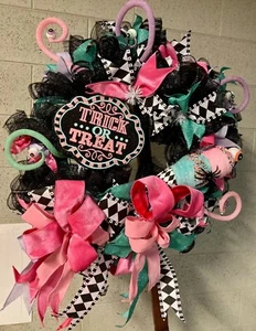 "Trick or Treat" Whimsical Pastel, Halloween Deco Wreath - HANDMADE! 24–27"  - Picture 1 of 8