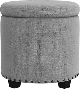Home Decor | Upholstered round Storage Ottoman with Nailheads| Ottoman with Stor - Picture 1 of 10