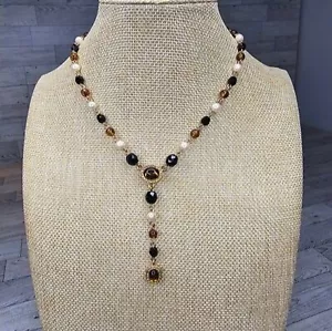 Vintage Monet Lariat Beaded Gold Tone Necklace, 14.5"L + 2"Ext. - Picture 1 of 6