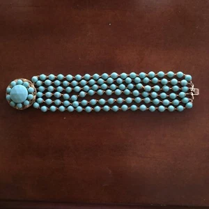 Vintage Unique 6 Strand Beaded Turquoise Bracelet Gold Tone Flower Clasp 7.5" - Picture 1 of 7