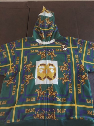 A BATHING APE (BAPE) FELPA CON CAPPUCCIO VERDE DOPPIA TESTA DI SCIMMIA CERNIERA XXL 2XL USATA 1 VOLTA