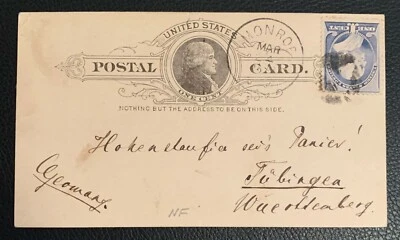 1890's UX9 POSTAL CARD MONROE-GERMANY UPRATED SC#212 BLUE 1C BEN FRANKLIN VF - Image 1 of 2