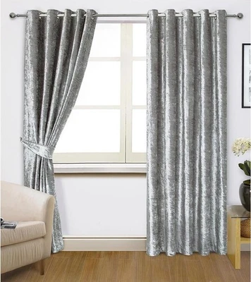 Silver CRUSHED VELVET Curtains Pair of EYELET Ring Top Heavy Fully Lined New - Image 1 of 2