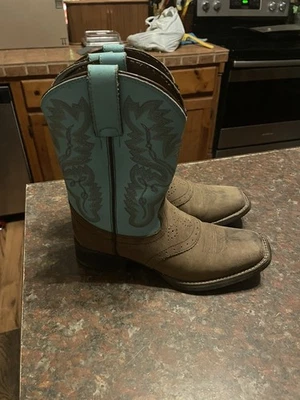 Justin 4853-Y Talla 1 Y Turquesa y Marrón Cuero Puntera Cuadrada Western Ride Boot Foto 1 de 4