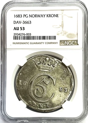 1683 PG NORWAY KRONE 4 MARK CHRISTIAN V LION COIN NGC ABOUT UNC 53 SCARCE - Image 1 of 4