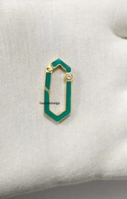 Elongated Hexagon Silver Enamel Diamond Enhancer Push Lock,Handmade Lock Jewelry - Image 1 of 2