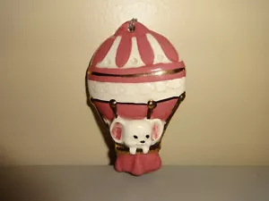 Mouse in Hot Air Balloon Christmas Tree Ornament Holiday Mauve White Gold 3.5" - Picture 1 of 2