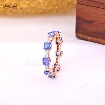 14k Rose Gold Eternity Band 3.5mm Square Cut Tanzanite & Diamond Wedding Ring - Image 1 of 4