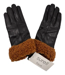 Guantes para mujer Surell de cuero negro PEQUEÑOS con puño de piel sintética sherpa castaño NUEVO EN CAJA - Imagen 1 de 9