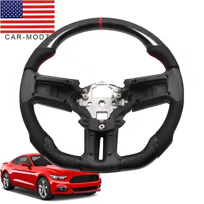 Real Carbon Fiber Flat Leather Steering Wheel for Ford Mustang 2010-2014 - Image 1 of 4