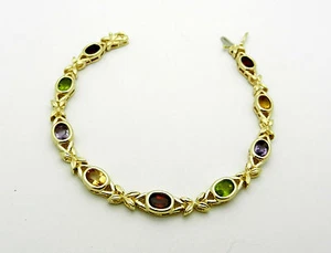 Solid 14k Yellow Gold Multi Color Gemstone Bracelet 7.25" long 15.3 grams - Picture 1 of 10