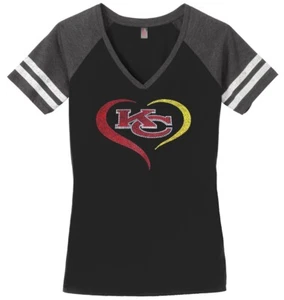 Women's Kansas City Chiefs Ladies V-neck T-shirts Bling Shirt Football Tee - Picture 1 of 9