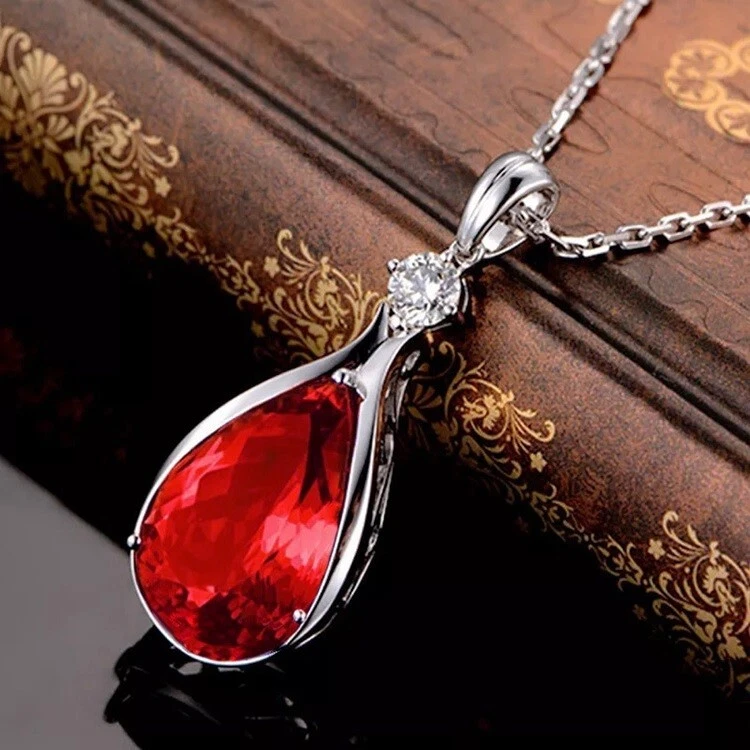 Collar colgante grande de plata de ley 925 para mujer de 24" con piedras preciosas granate rojo D349 Foto 1 de 4