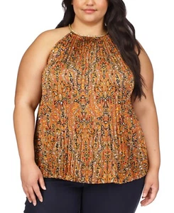 NWT Michael Michael Kors Plus Size Pleated Printed Chain-Neck Top - Burnt Terrac - Picture 1 of 1