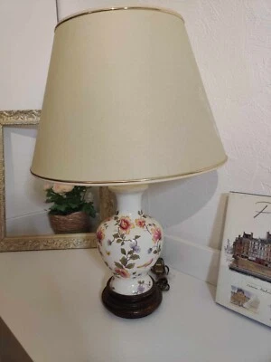 Lampe de table en céramique vintage avec abat-jour en tissu - Motif floral - Photo 1/4