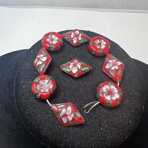 9 pcs Red Cloisonne Beads Round & Diamond Shape Spacer Craft Jewelry Making - Picture 1 of 2