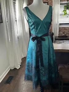 Adrianna Papell Boutique Fit & Flare Dress Teal Black Sequins Mesh Size 2 $250 - Picture 1 of 8
