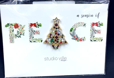 Broche de árbol de Navidad tono dorado estrás brillo estudio villa diseños prendedor Foto 1 de 4