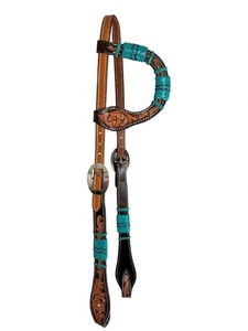 Showman Floral Tooled Single Ear Leather Headstall w/ Teal Rawhide Accents - Picture 1 of 1