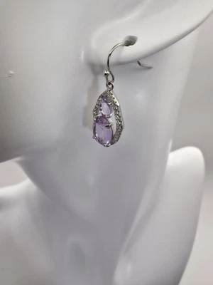 Серьги для вечеринок с бомбами легкие аметистовые фианиты серебро родиевое покрытие подвесной крюк - Изображение 1 из 4