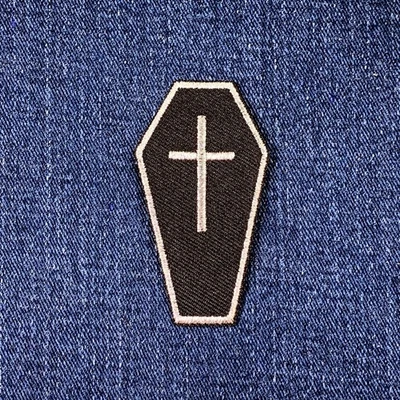 Coffin Applique Patch - Embroidered Jesus Cross Mortuary Funeral Badge 2.5" - Image 1 of 2