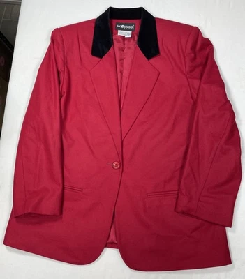 VTG Sag Harbor Wool Blazer Size 16P Red Black Velvet Collar Longline Preowned - Image 1 of 4