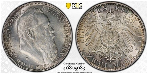 1911-D Germany Bavaria 2 Mark PCGS MS64 Lot#G4846 Silver! Choice UNC! J-48 Cover