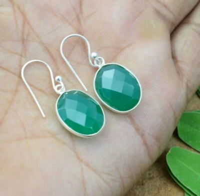 Pendientes De Gancho De Ónix Verde Natural Ovalado De Plata Esterlina 925 Regalo - Imagen 1 de 4