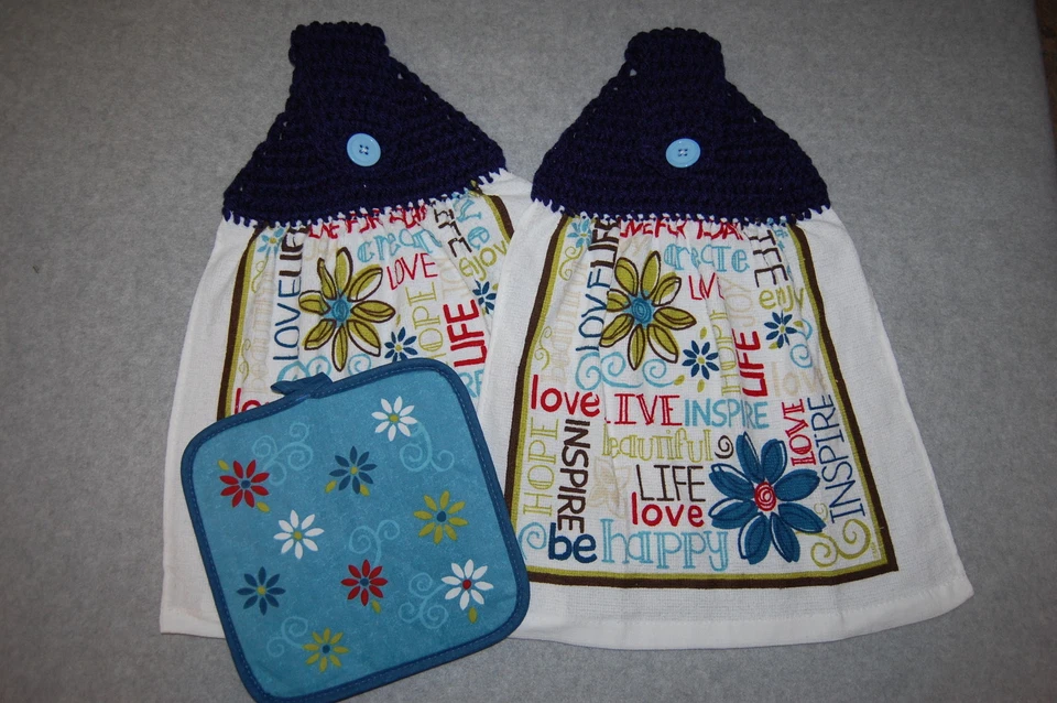 Кухонный набор два вися крючком полотенца Hot подушечка синий черный живой смех любовь цветок - Изображение 1 из 1