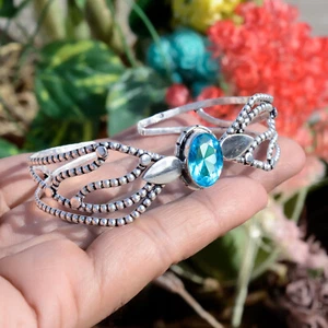 Swiss Blue Topaz Bangle Cuff 925 Sterling Silver Handmade Gemstone Bracelet - Picture 1 of 12