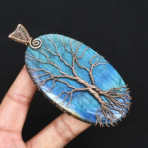 Tree of Life Huge Blue Fire Natural Labradorite Gemstone Copper Pendant For Gift - Picture 1 of 5
