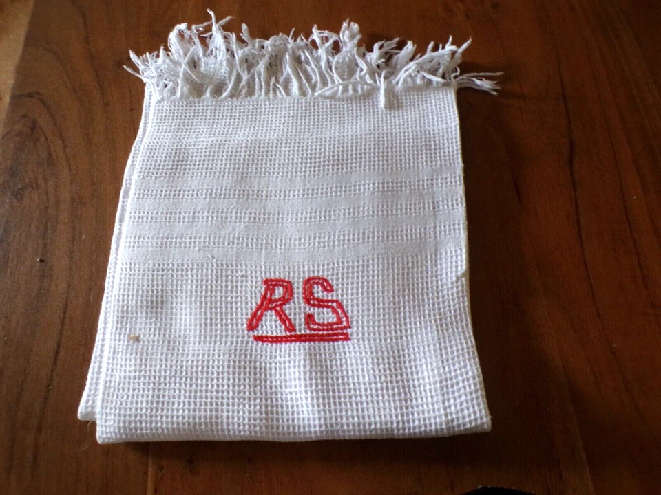 Linge ancien Serviette toilette nid d'abeille coton blanc liteaux   et franges - Photo 1/4