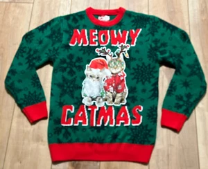 MEOWY CATMAS Ugly Christmas Sweater Cat Kitten Funny Unisex Green Red Size Small - Picture 1 of 9