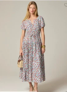 J. Crew Women's Tall Elena Ivory Multi Puff-Sleeve Dress in Crepe-De-Chine TL - Picture 1 of 8