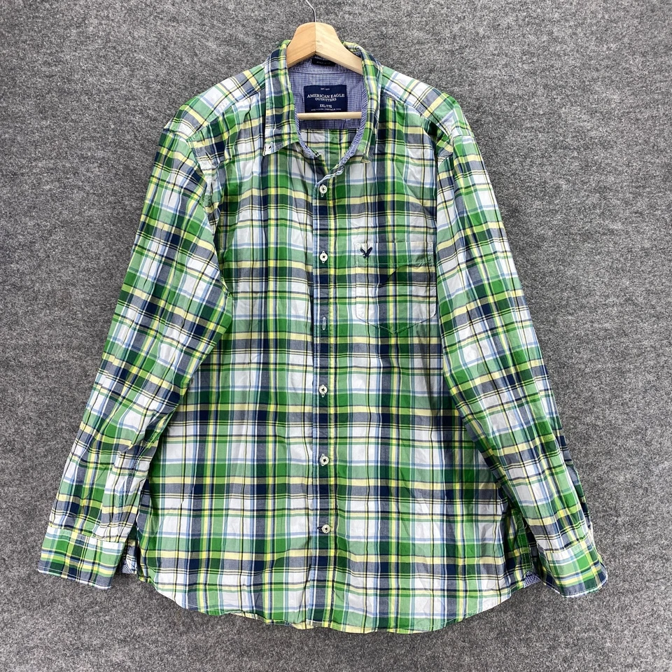 Camisa American Eagle Hombre 2XL Verde A Cuadros Cuello Abotonado Calce Atlético Algodón Foto 1 de 4