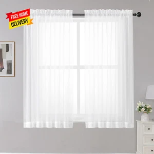 White Sheer Curtains, 45 Inches Long, 2 Panels, Rod Pocket, Light Filtering, Caf - Picture 1 of 7