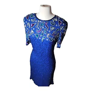 VESTIDO DE CÓCTEL DE SEDA CON CUENTAS Corbata Negra De Colección Talla M Azul Mano Sedosa Nites Vestido Lentejuelas - Imagen 1 de 19