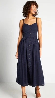 Modcloth Quite Clearly Charismatic Midi Dress Sz 4 Navy Blue Swiss Dot Button Up - Image 1 of 4