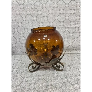 Amber Glass Bowl Vase with Metal Stand Spain Leaves Design Home Decor Fall - Picture 1 of 12