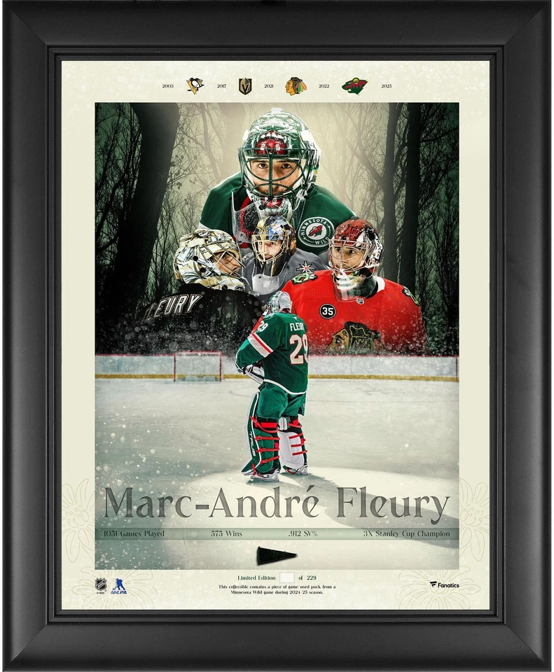 Collage de jubilación Marc-Andre Fleury Wild enmarcado 13x16 con pieza GU Puck - LE 229 Foto 1 de 1