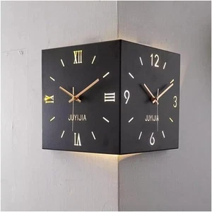 Double Sided Corner Wall Clock Hanging Silent Movement LED Light Living Room UK - Picture 1 of 16