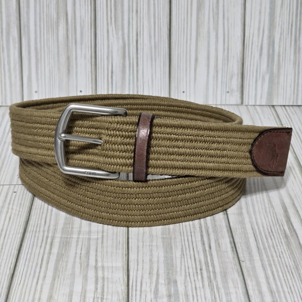 Polo Ralph Lauren Mens Stretch Waxed Cotton Braided 1 1/4" Belt Brown L