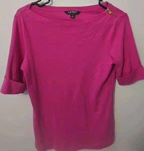 Lauren Ralph Lauren Womens Top MED Hot Pink Rolled Sleeve Gold Zip Boat Neck - Picture 1 of 4